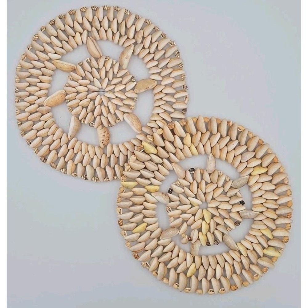 2‎ Vintage Cowrie Sea Shell Trivet Hot Pads kitchen dinning table protector